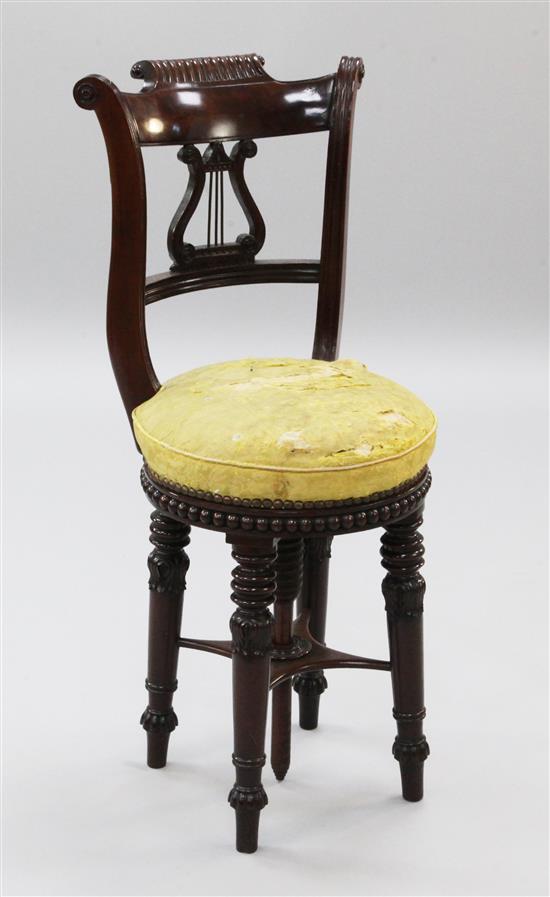 A William IV mahogany harpists stool, H.2ft 10in.